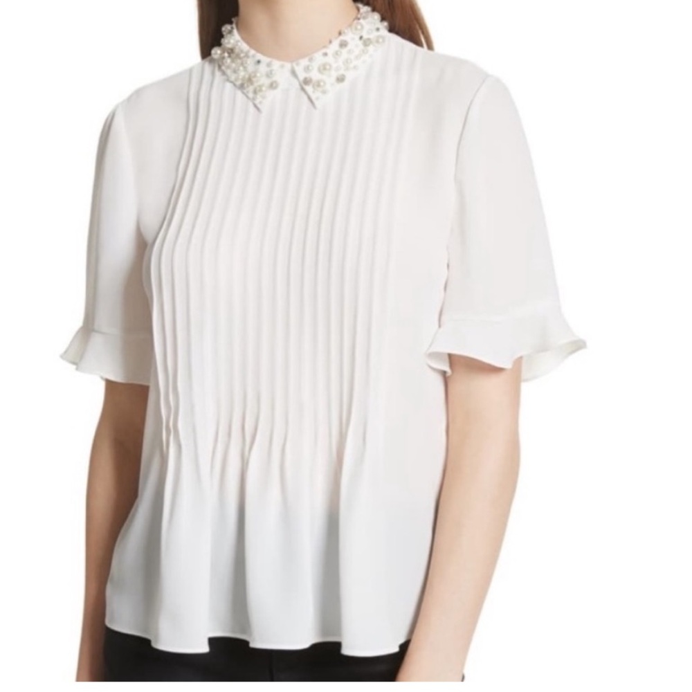 kate spade pearl embellished pleated blouse